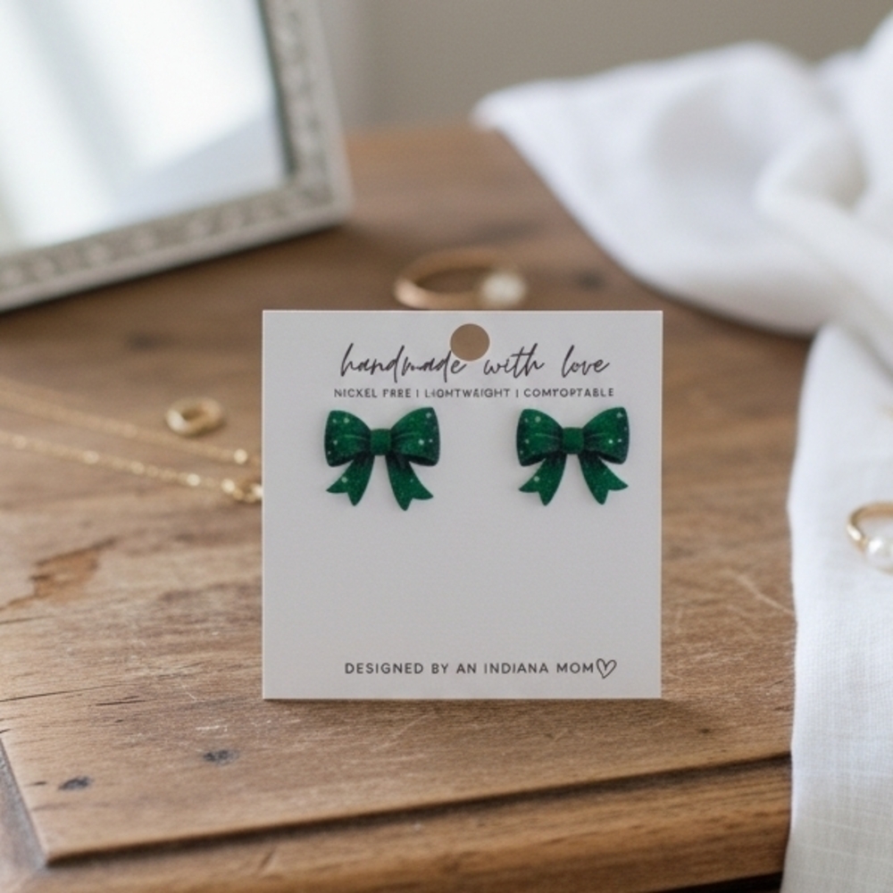 Christmas Green Bow Earrings for Adults